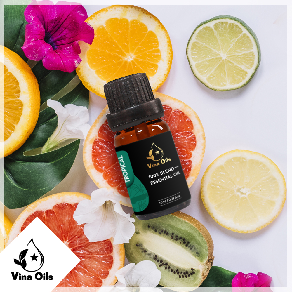 Tinh Dầu Nhiệt Đới Vina Oils 10ml - Tropical Essential Oil 10ml - Chiết Xuất Từ Trà Trắng, Dưa Leo, Sen, Cam Hương, Bưởi, Ngọc Lan Tây, Hoắc Hương - Hương Thơm Thanh Thoát, Nhẹ Nhàng Tựa Một Vùng Nhiệt Đới Rợp Cỏ Xanh, Nắng Vàng