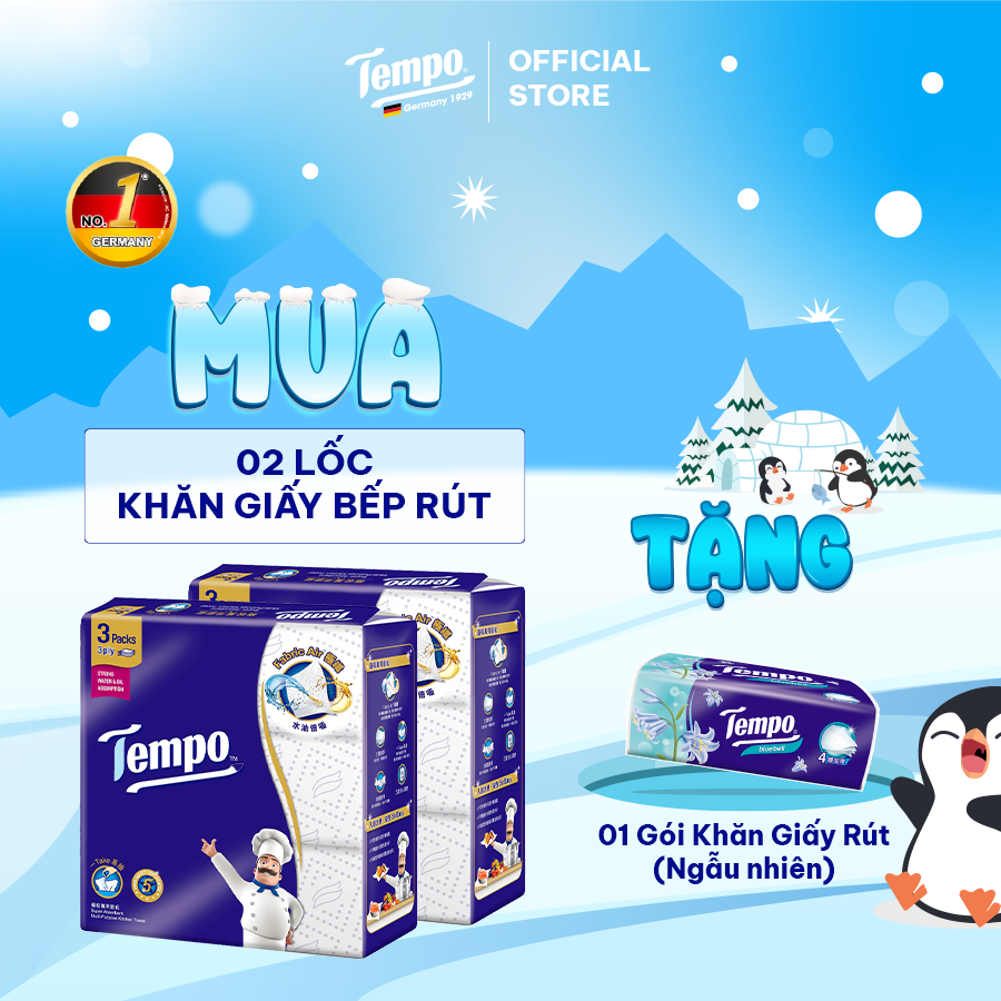 [MUA 2 LỐC TẶNG 1 GÓI KHĂN GIẤY RÚT NGẪU NHIÊN + 1 GIÁ ĐỠ BẾP] Khăn Giấy Lau Bếp Dạng Gói Rút Tempo Siêu Thấm Hút, Bền Dai, Thương Hiệu Đức
