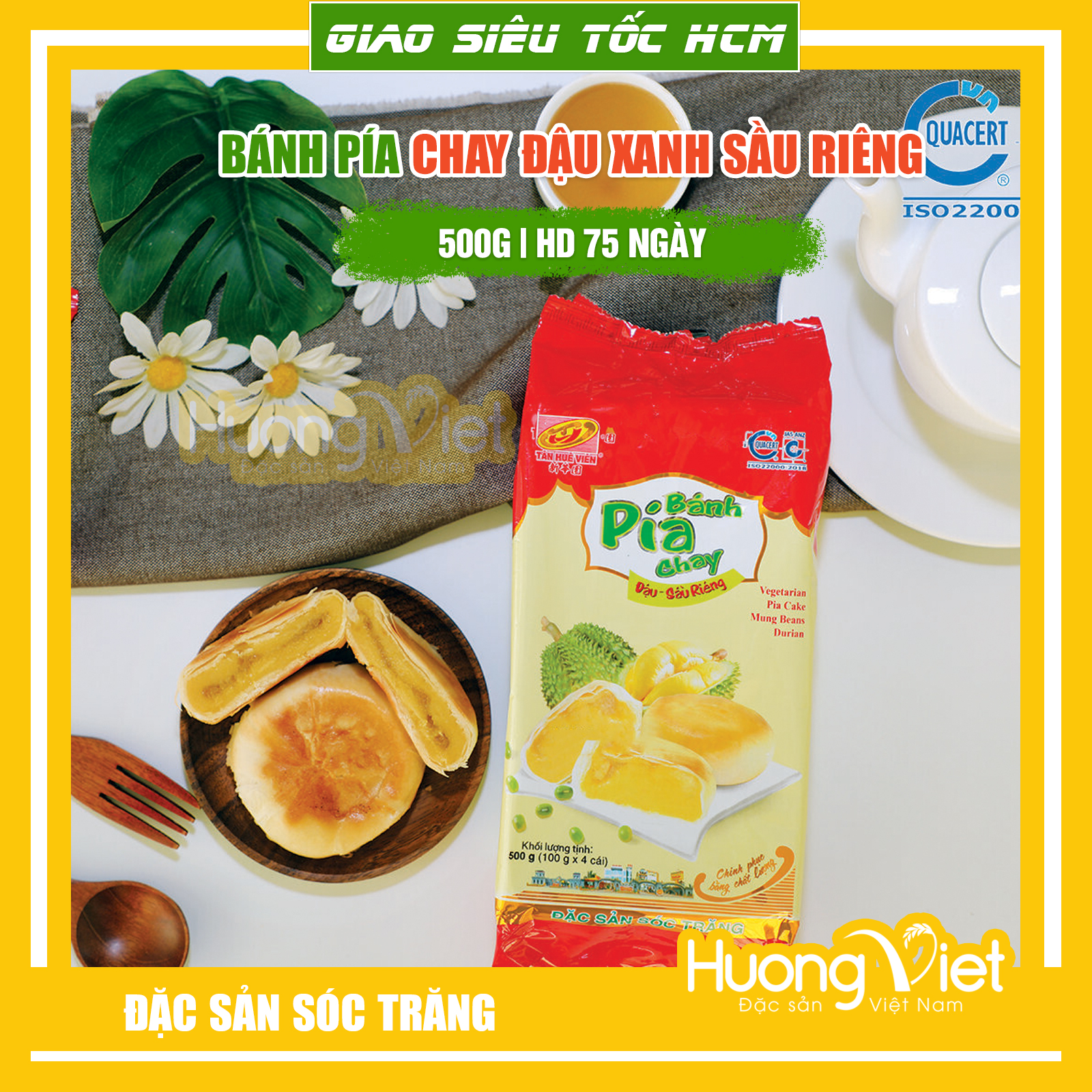 Đặc Sản Sóc Trăng - Bánh Pía Chay Đậu Xanh Sầu Riêng Tân Huê Viên Lớn 500G, Bánh Pía Sóc Trăng Ăn Chay Không Trứng Muối