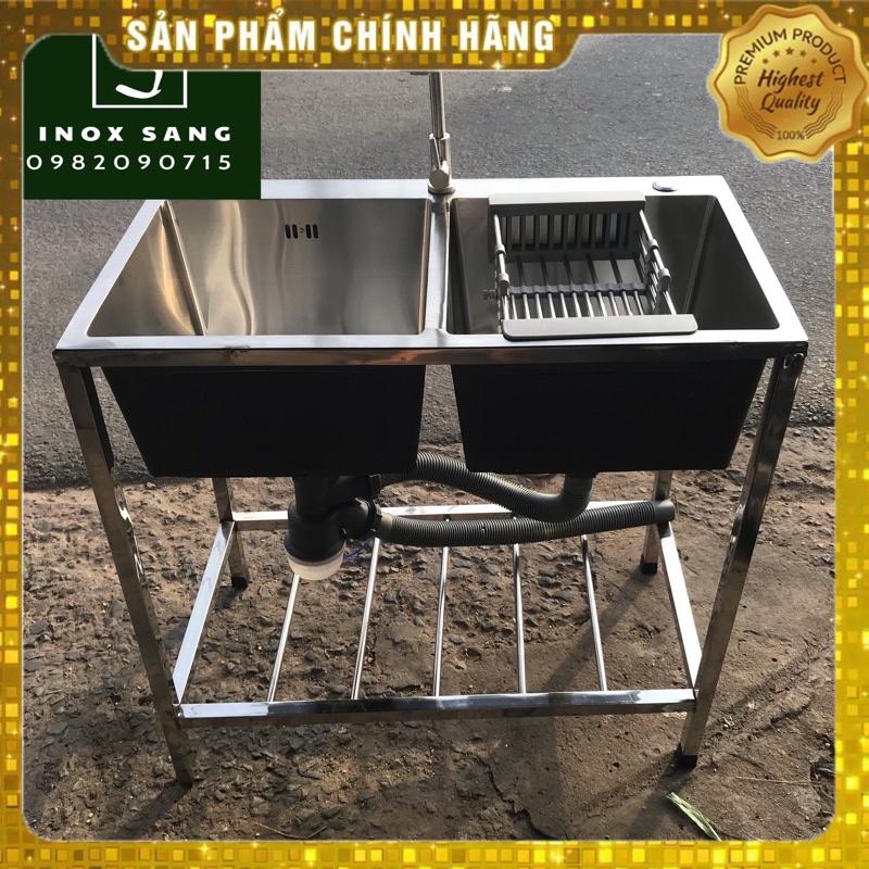 Bồn rửa chén 2 ngăn inox 304, hộc vuông (đầy đủ phụ kiện)