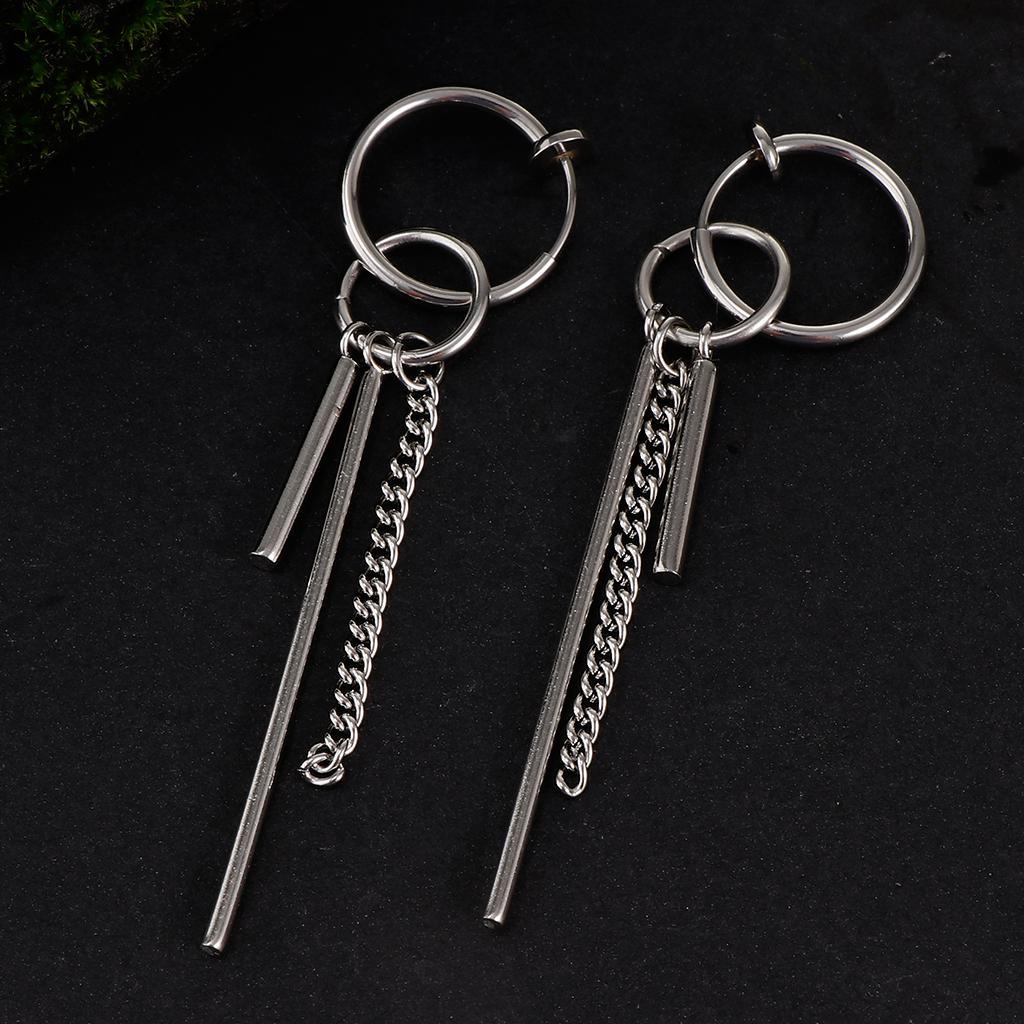 Stainless Steel Long Bar Chain Earrings Ring Loop Ear Clip
