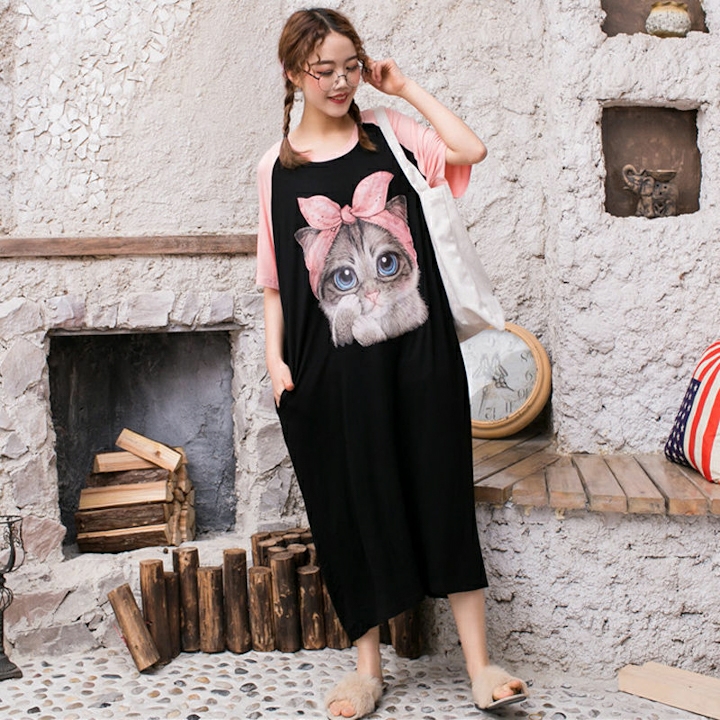 Đầm suông hoạt hình con mèo Mã: DA5362 - HỒNG