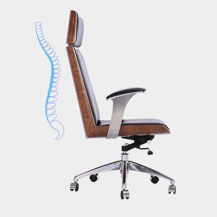 Ghế xoay văn phòng bọc da bò lưng ốp gỗ óc cho cao cấp, ghế giám đốc HP064 chân xoay ngã lưng sâu