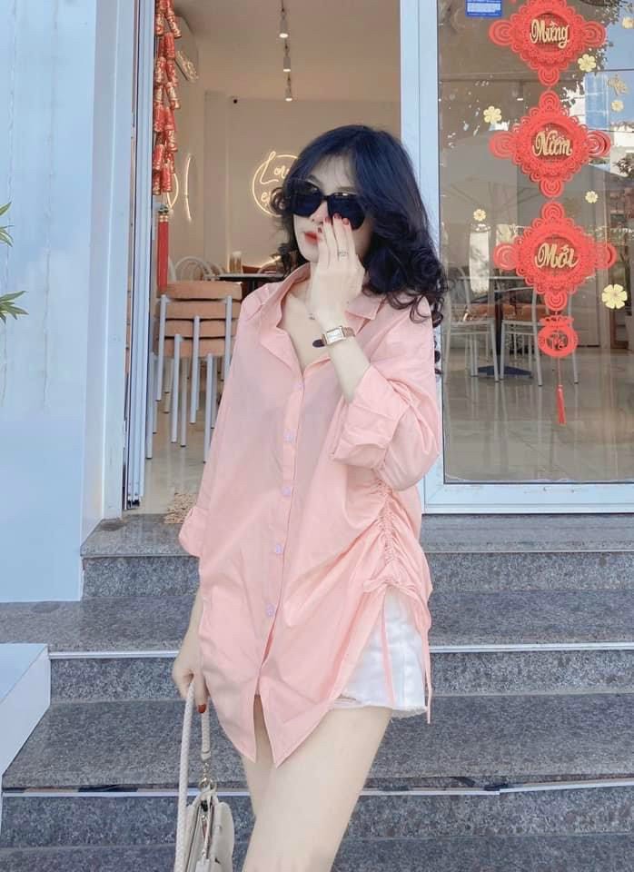 Combo Set Áo Sơ Mi Nữ Rộng Unisex Tay Dài Thụng , Rút Eo Phối Quần Sooc Thun Kaki Trắng Siêu Xinh