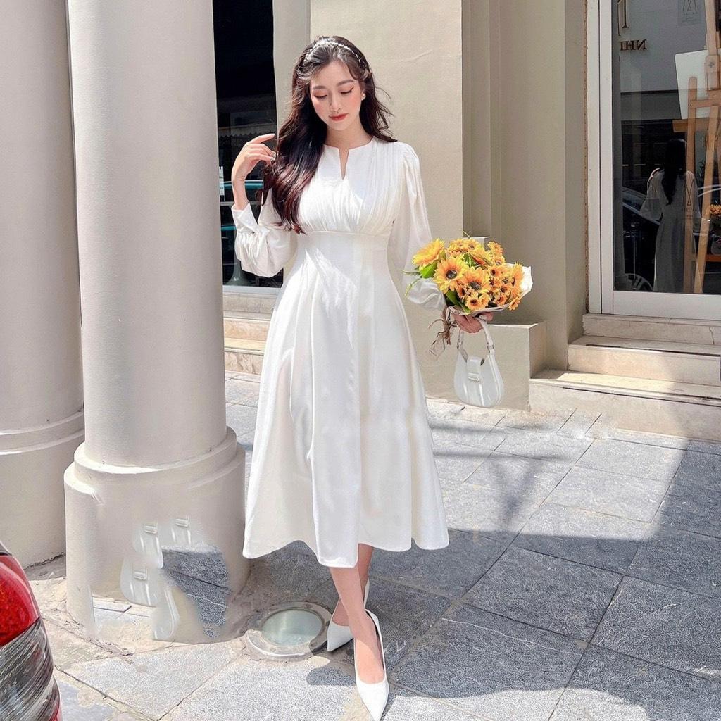 ĐẦM MIDI XẾP LI TAY DÀI CỔ XẺ