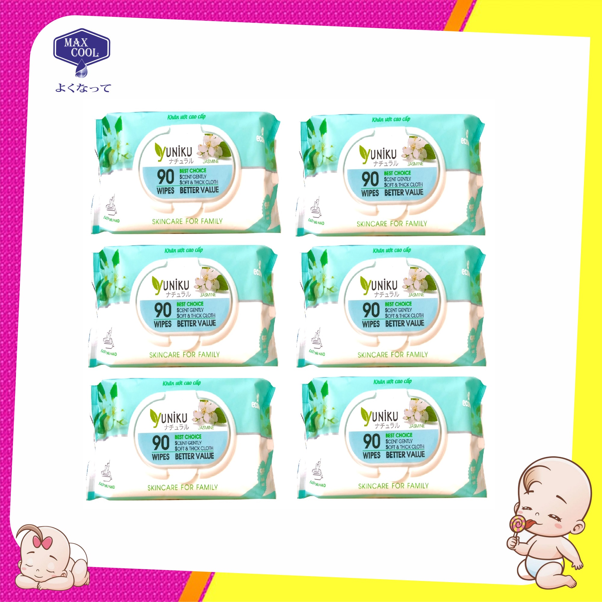 Combo 6 Gói Khăn Ướt Yuniku 90 Tờ Hương Lài