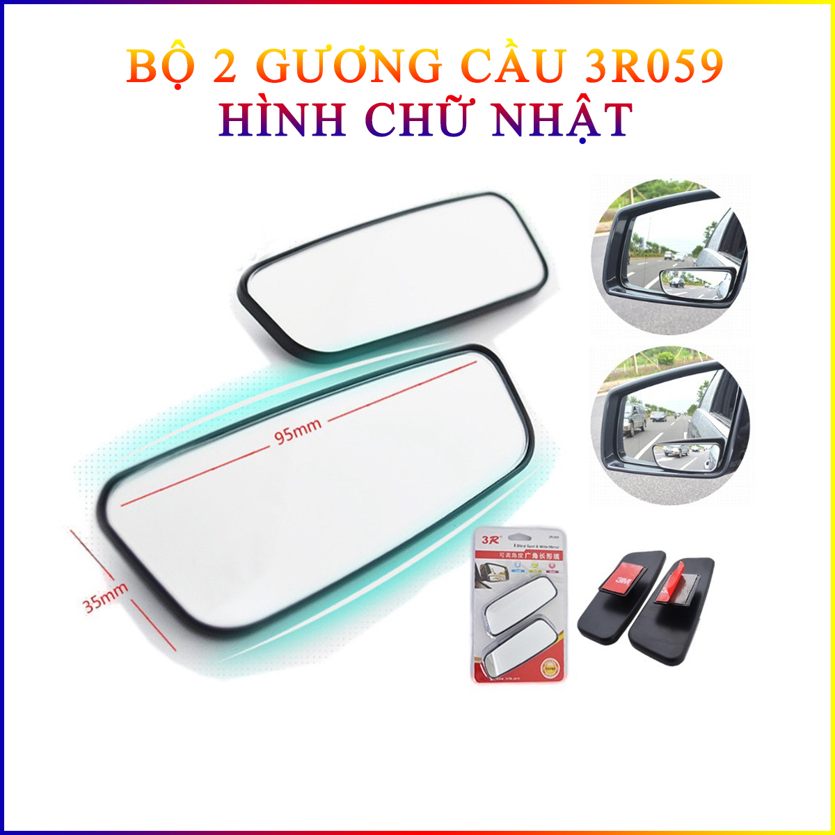 Combo 2 Gương Cầu Lồi 3R Xóa Điểm Mù Hình Chữ Nhật 3R-059 9.5x3.5cm