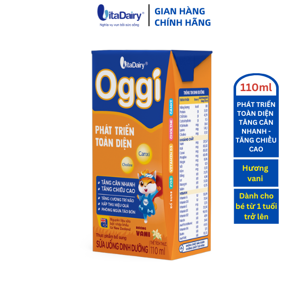 Sữa uống dinh dưỡng Oggi Phát triển toàn diện 110ml hương Vani giúp bé tăng cân nhanh, tăng chiều cao - VitaDairy