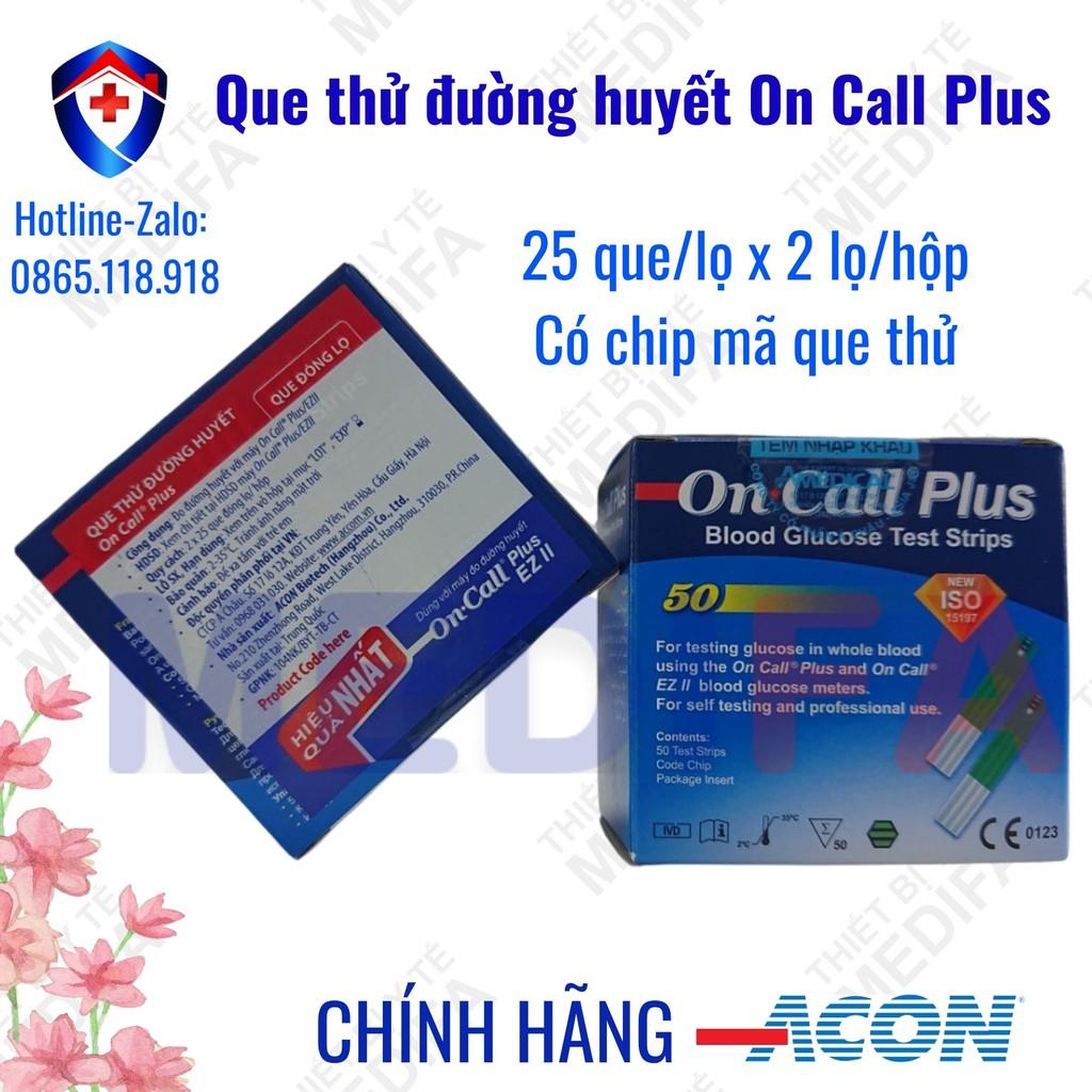 Hộp 50 que thử đường huyết On Call Plus, mỗi hộp 2 lọ 25 que thử chính hãng ACON