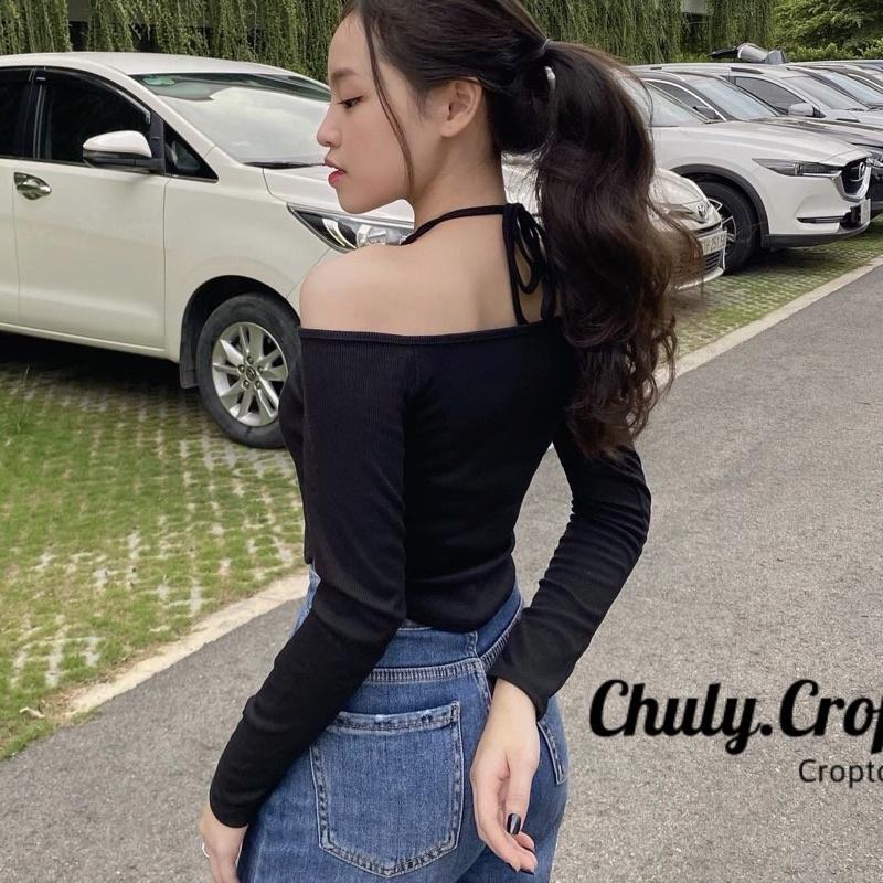 Áo croptop tay dài cổ yếm bẹt vai khoe xương quai xanh siêu hot hit