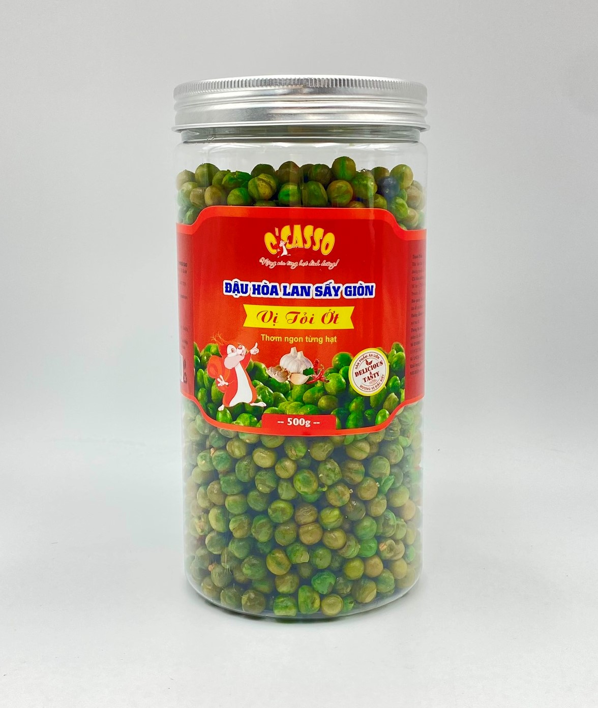 Đậu hà lan sấy giòn vị tỏi ớt hộp nhựa nắp nhôm  500g