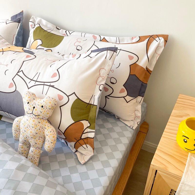 Bộ chăn ga gối Cotton poly M2T bedding vỏ chăn mền, drap ga giường và 2 vỏ gối nằm họa tiết mèo nhí nhố