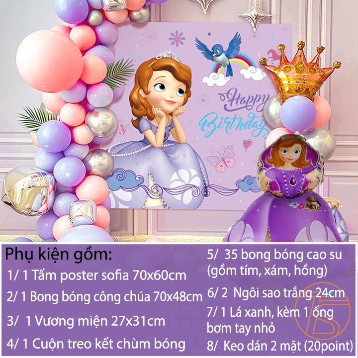 Sét bong bóng trang trí sinh nhật happy birthday công chúa sofia và vương miện - Bộ trang trí sinh nhật thôi nôi, đầy tháng cho bé