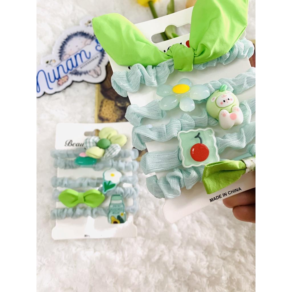 Set 5 - cột tóc crunchies vải màu xanh lá nhiều hoạt tiết dễ thương Nunam shop đồ cột tóc đẹp, cute, cao cấp