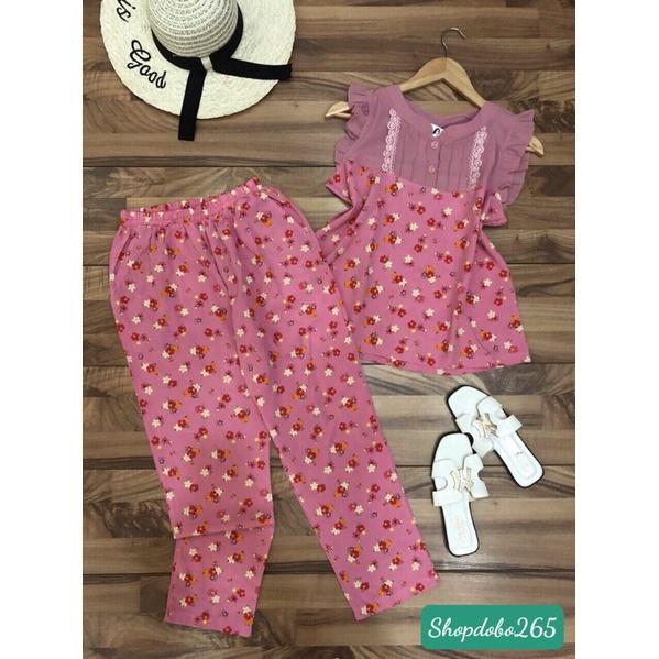 Đồ bộ nữ,đồ ngủ mặc nhà lửng 9 tấc vải lụa phối tằm ý hoạ tiết hoa dễ thương size 45-57kg.