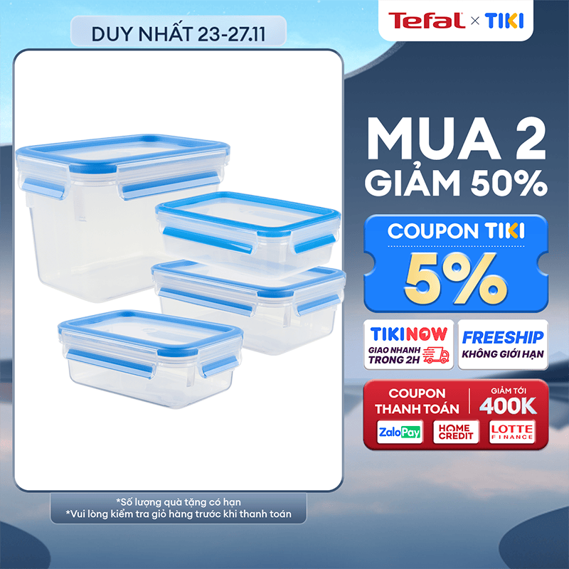 Bộ 4 hộp bảo quản thực phẩm nhựa BBA free, Tefal Masterseal Fresh, sản xuất tại Đức - Hàng chính hãng