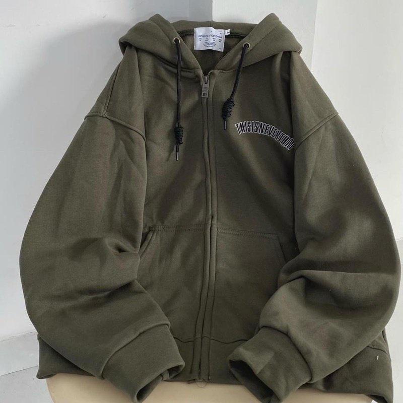 Áo Khoác Thisisneverthat Chữ Thêu Màu Rêu Unisex Nam Nữ Form Rộng Vải Mềm Mịn Phong Cách Ulzzang