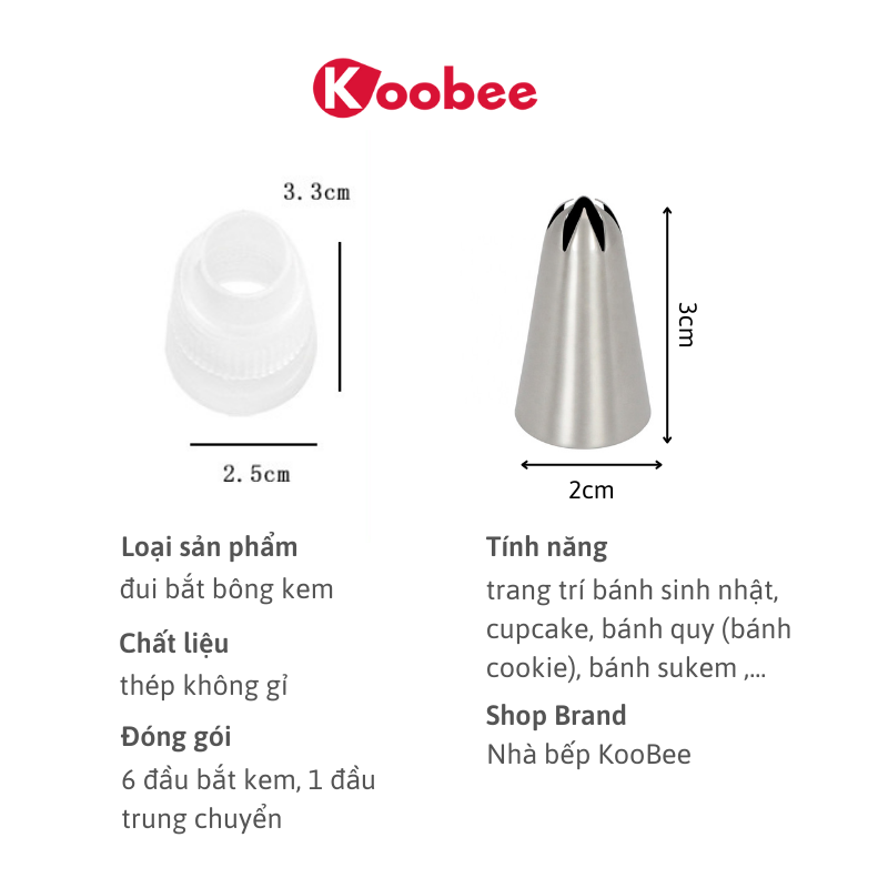 Bộ 7 đui bắt kem KOOBEE - Đuôi bắt kem tạo hình bánh quy trang trí bánh bằng thép không gỉ đúc dày dặn, cứng cáp