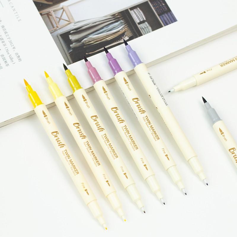 RY DIY Bộ 3 Bút Brush Ngòi Lông Mềm Màu Sắc Hai Đầu Calligraphy Viết Sổ Bullet Journal