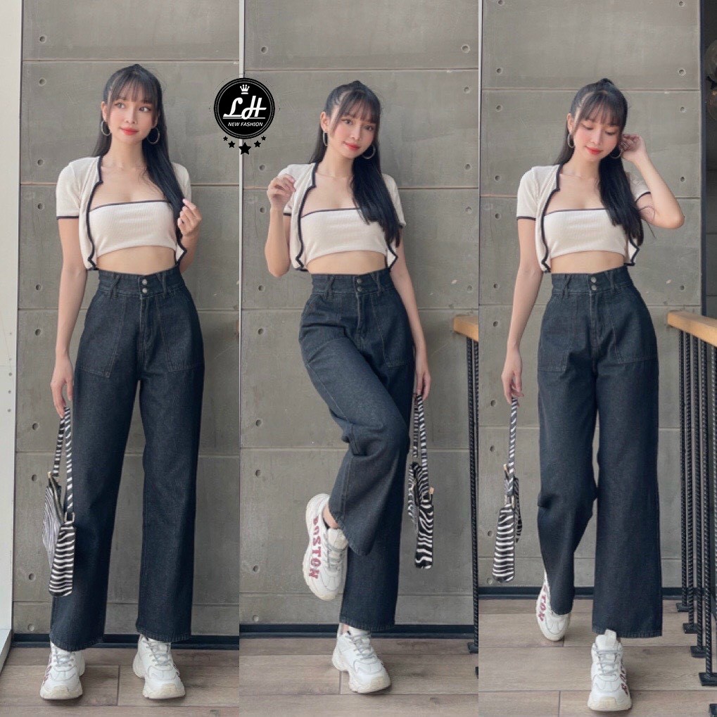 Quần ống rộng nữ quần jeans túi đắp vuông MS 062 - L - Đen