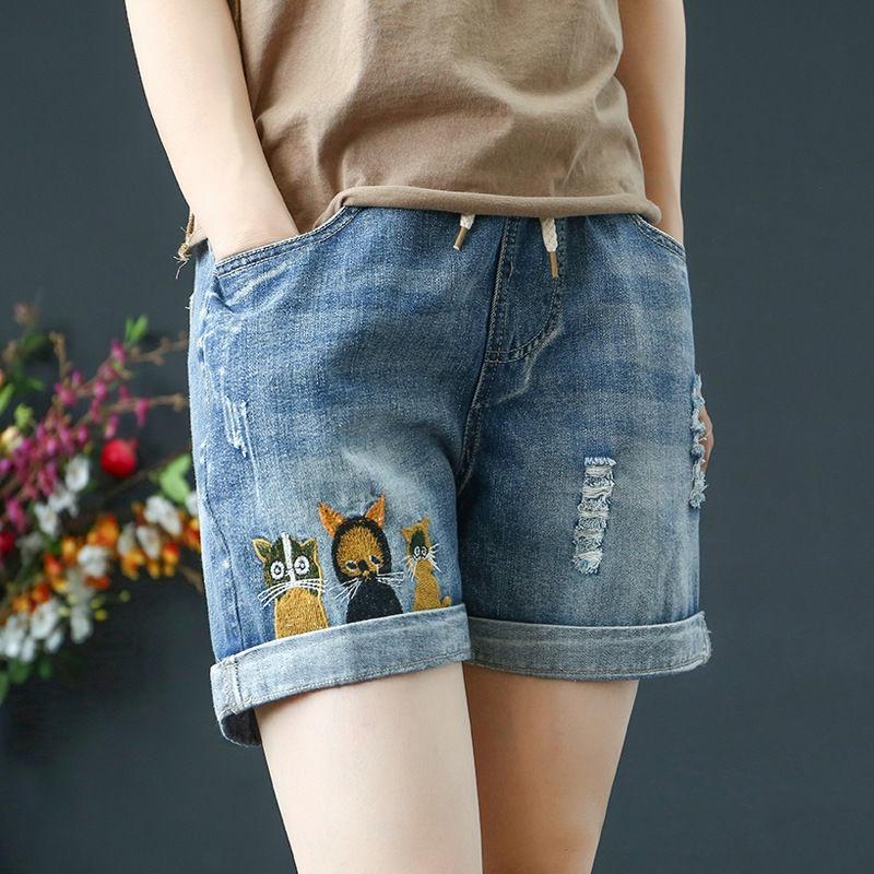 Quần Short Jean Lưng Cao Ống Rộng Thêu Họa Tiết Thiết Kế Rách Cá Tính Cho Nữ