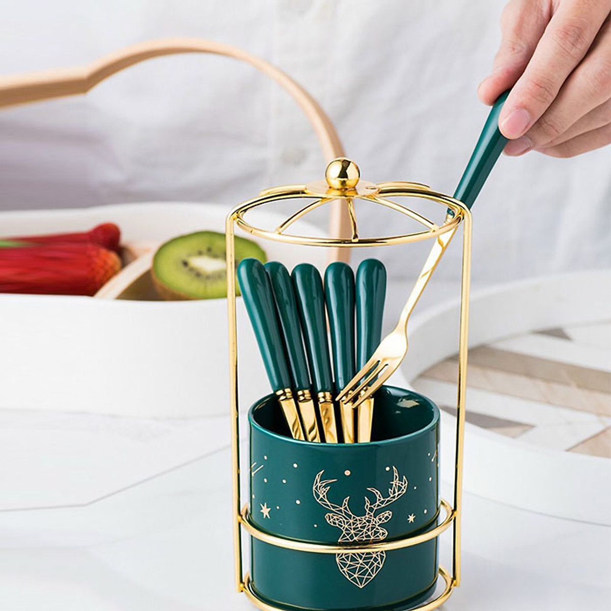Bộ Ống Đựng Nĩa, Muỗng Bằng Sứ + 6 Nĩa Inox 304 Màu Xanh Lưu Ly
