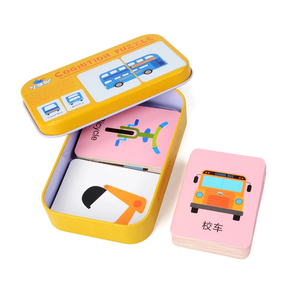 Hộp Thẻ Flashcards Ghép Hình Nhận Thức Cho Bé Học Tiếng Anh Chủ Đề Phương Tiện Giao Thông(Hộp Vàng)