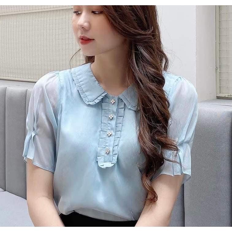 Áo sơ mi nữ công sở thời trang SURI vải tơ Ý màu xanh tiểu thư cổ cánh sen xếp ly tay ngắn-XANHCOBAN