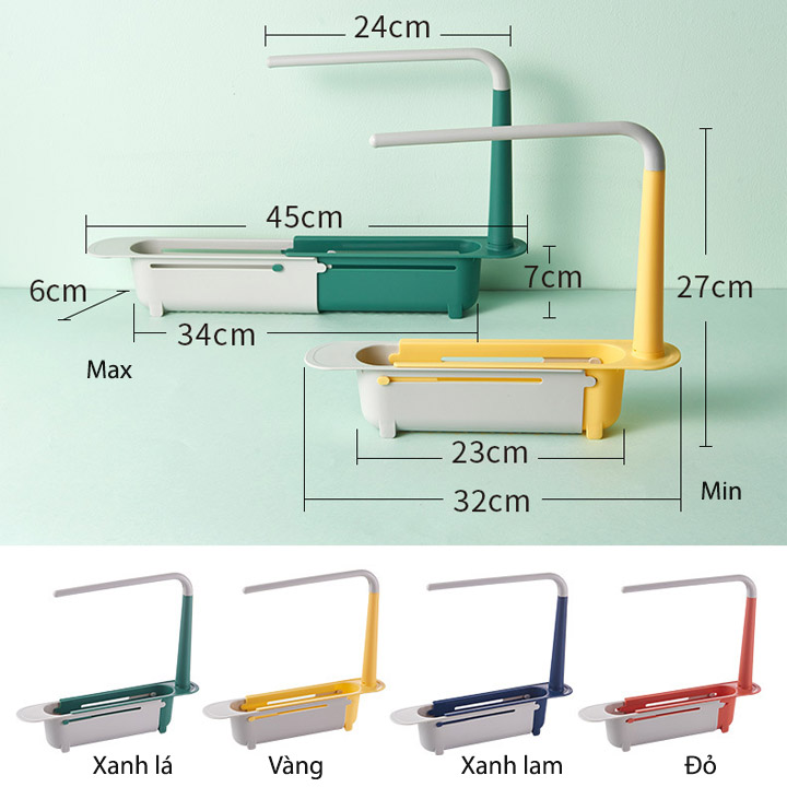 Kệ để đồ rửa chén bát gác chậu bếp, co giãn thông minh, có giá nhựa treo khăn tiện dụng