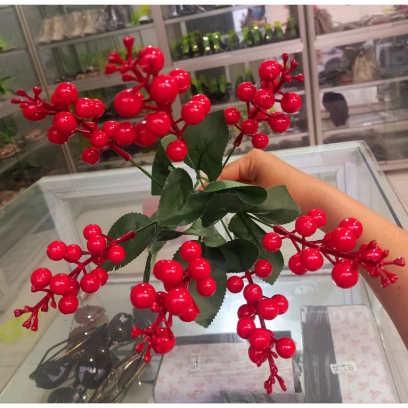 Hoa giả - Cụm quả cherry 7 nhánh trang trí nhà cửa
