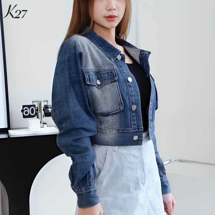 Áo khoác jeans nữ cao cấp màu xanh đậm thời trang hàng hiệu rosata k27