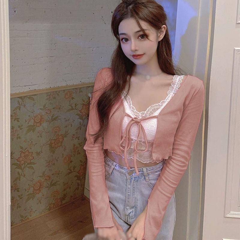 Áo Khoác Cardigan Dệt Kim Phối Ren Xinh Xắn Cho Nữ