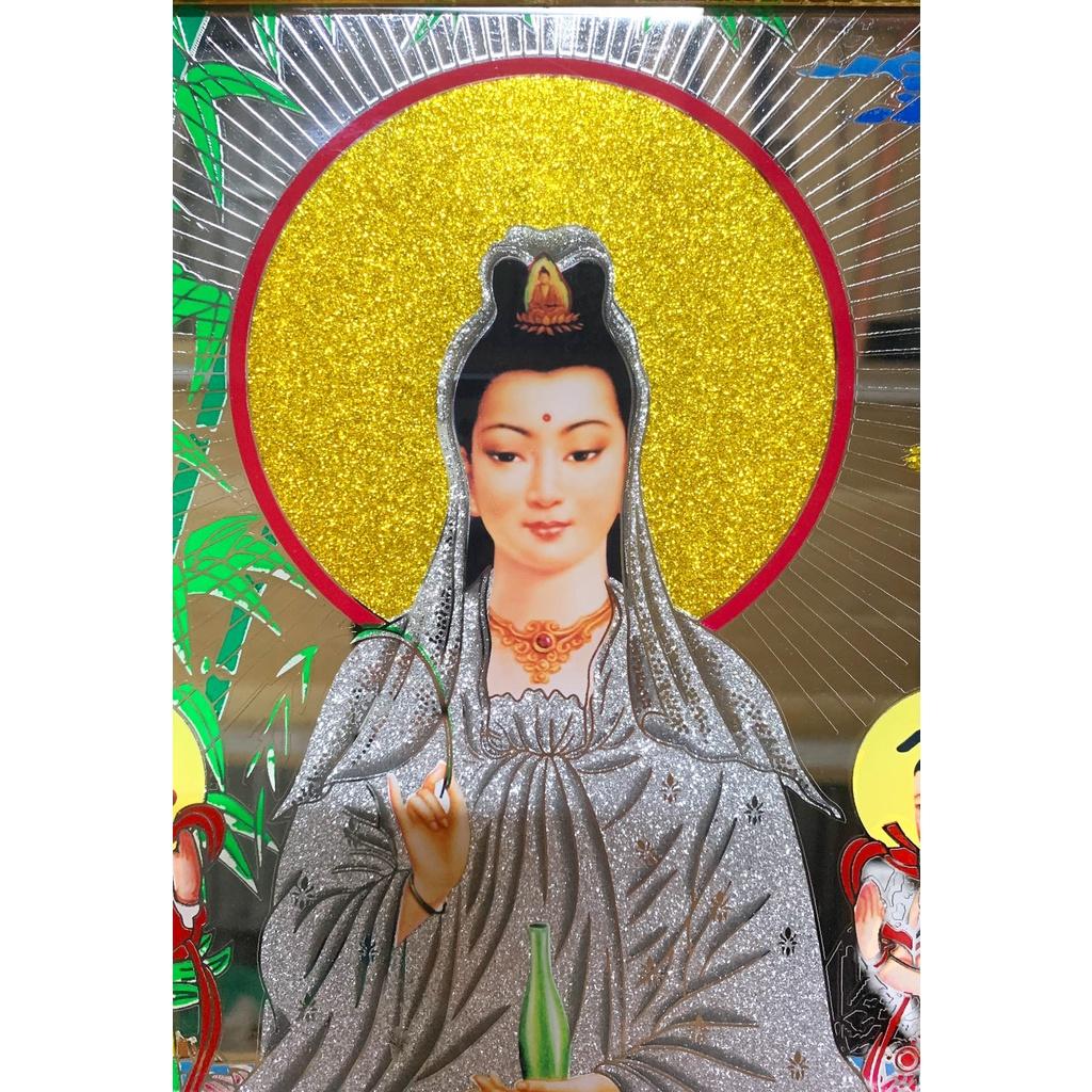 Tranh Kiếng Quan Âm ngồi đài sen - có hầu và không hầu - Nền Gương - Tranh kiếng chạm - Độ mệnh - Khung gỗ và khung xi các loại