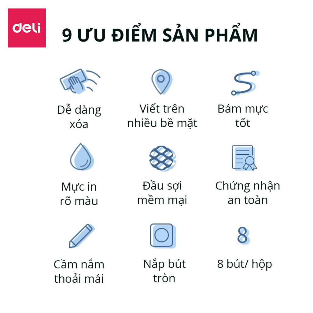 Bút Viết Dạ Bảng Bút Lông Xoá Được 8 Màu Kèm Bông Lau 2 Trong 1 Deli - Bút Viết Trên Nhiều Bề Mặt Bảng Từ, Mica, Bảng Kính - 1 chiếc