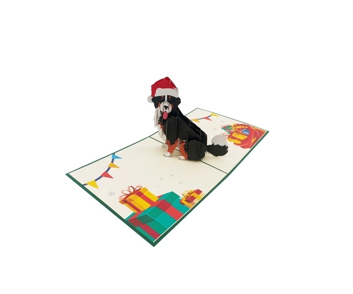 X42 -  THIỆP NOEL 3D CHÓ BERNESSE ĐỘI NÓN SANTA – SIÊU DỄ THƯƠNG