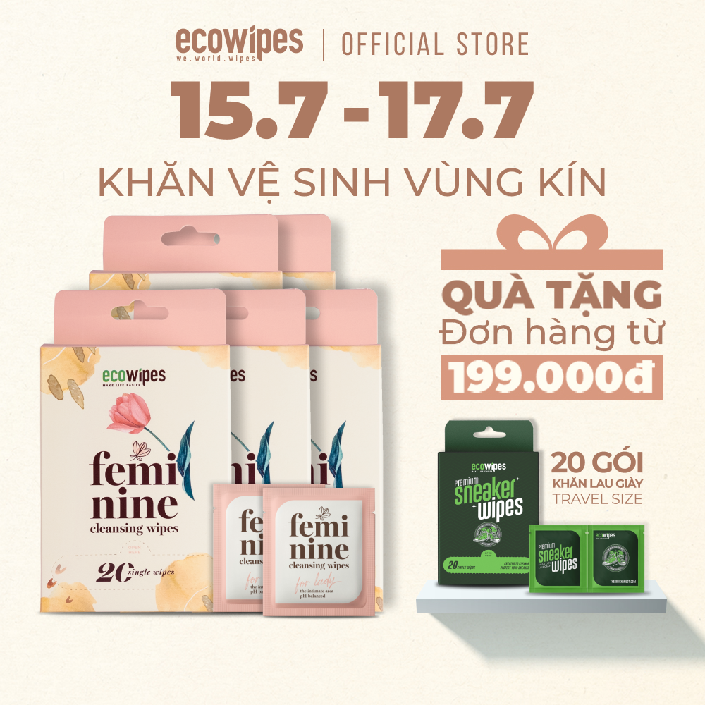 Combo 5 hộp 100 gói khăn giấy ướt phụ khoa Ecowipes travel size vệ sinh cá nhân phụ nữ hương Daisy size 15x20cm nhỏ gọn bỏ túi