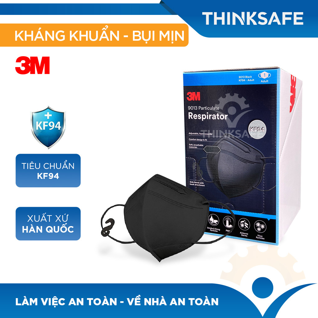 Khẩu trang phòng dịch 3M 9013 màu đen kháng khuẩn và chống bụi mịn đạt chuẩn KF94 tương đương với khẩu trang N95, chuyên dùng cho chống lây nhiễm, thiết kế không đau tai