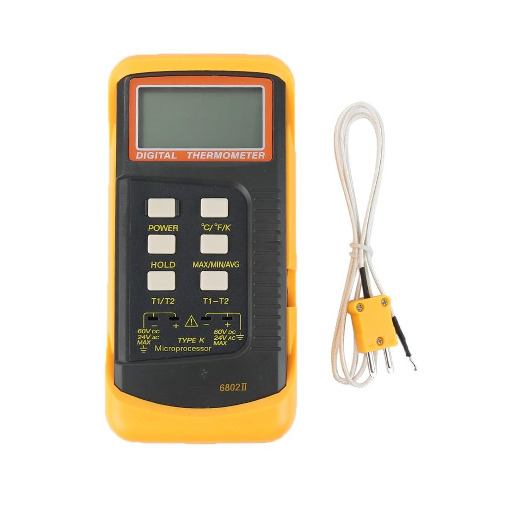 6802II Kênh Đôi K Loại Màn Hình Hiển Thị LCD Kỹ Thuật Số Nhiệt Kế Cảm Biến + Kẹp Ống