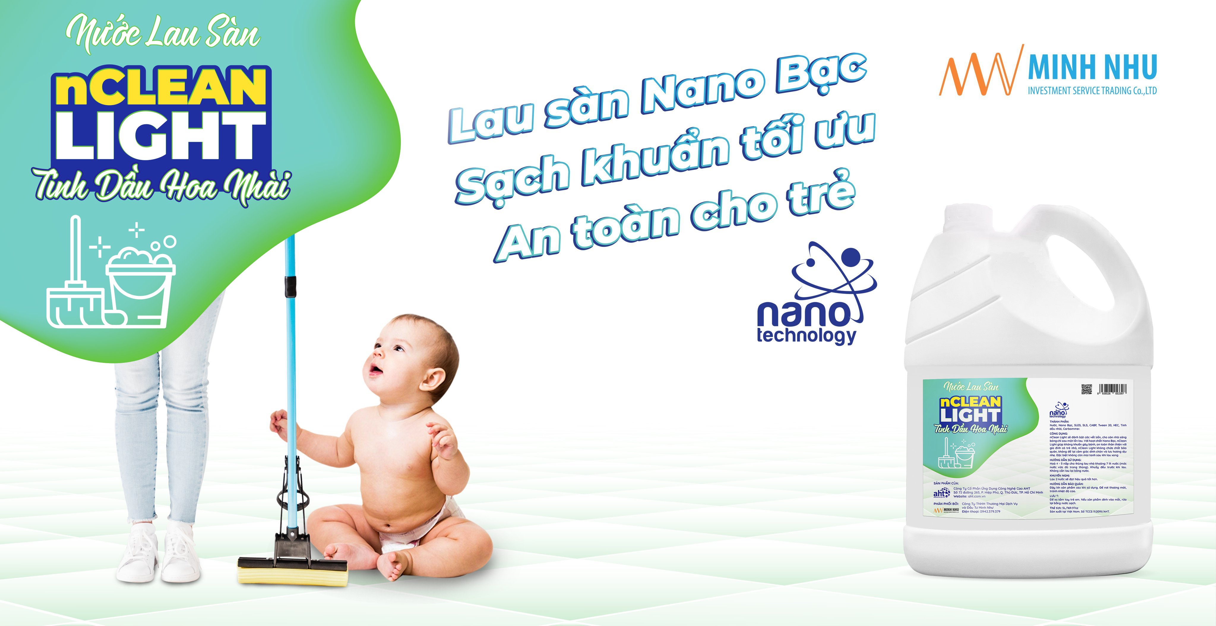 Nước lau sàn diệt khuẩn Nano bạc nClean Light - can 5 lít