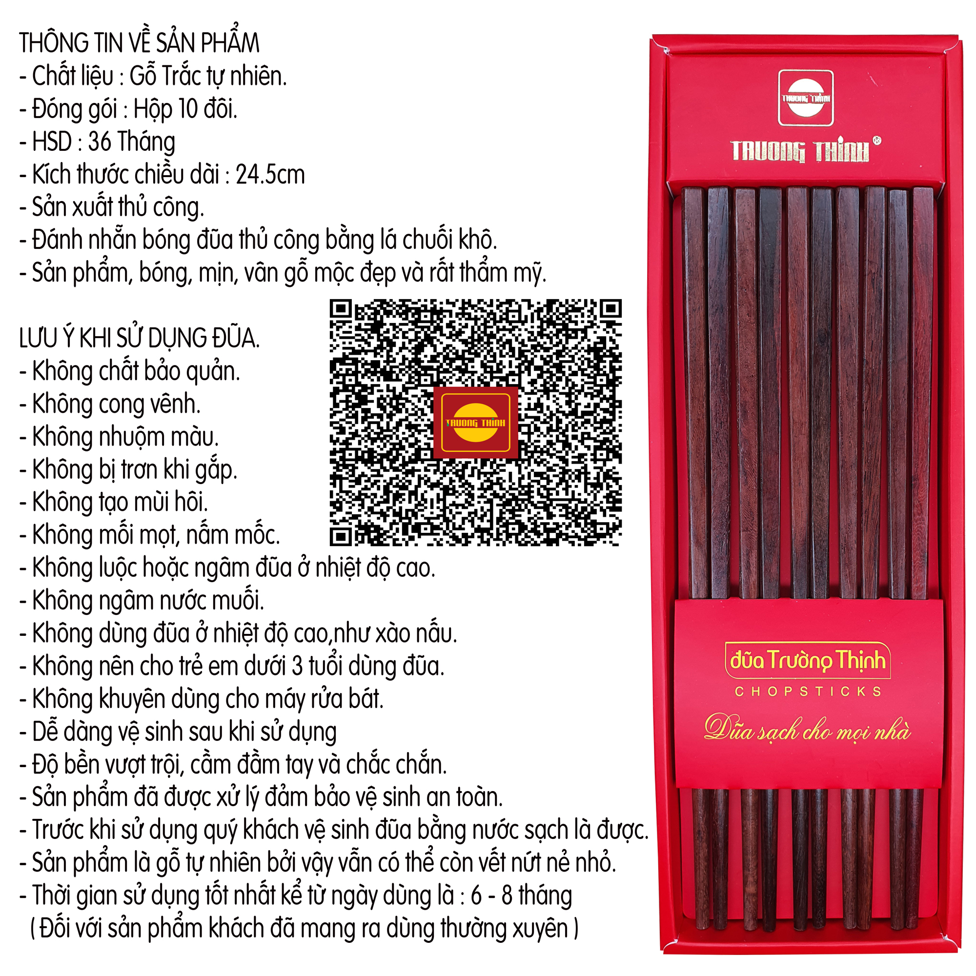 [ Hot ] Đũa Dùng Ăn 100% Gỗ Trắc Thương Hiệu TRƯỜNG THỊNH - Hộp Màu Đỏ - 10 Đôi Vuông Trơn.