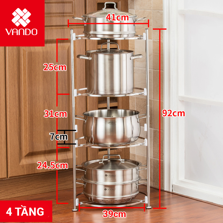 Kệ nhà bếp hình tròn 4 tầng INOX 304 cao cấp đựng xoong nồi, kệ để đồ đa năng tiết kiệm không gian bếp VANDO