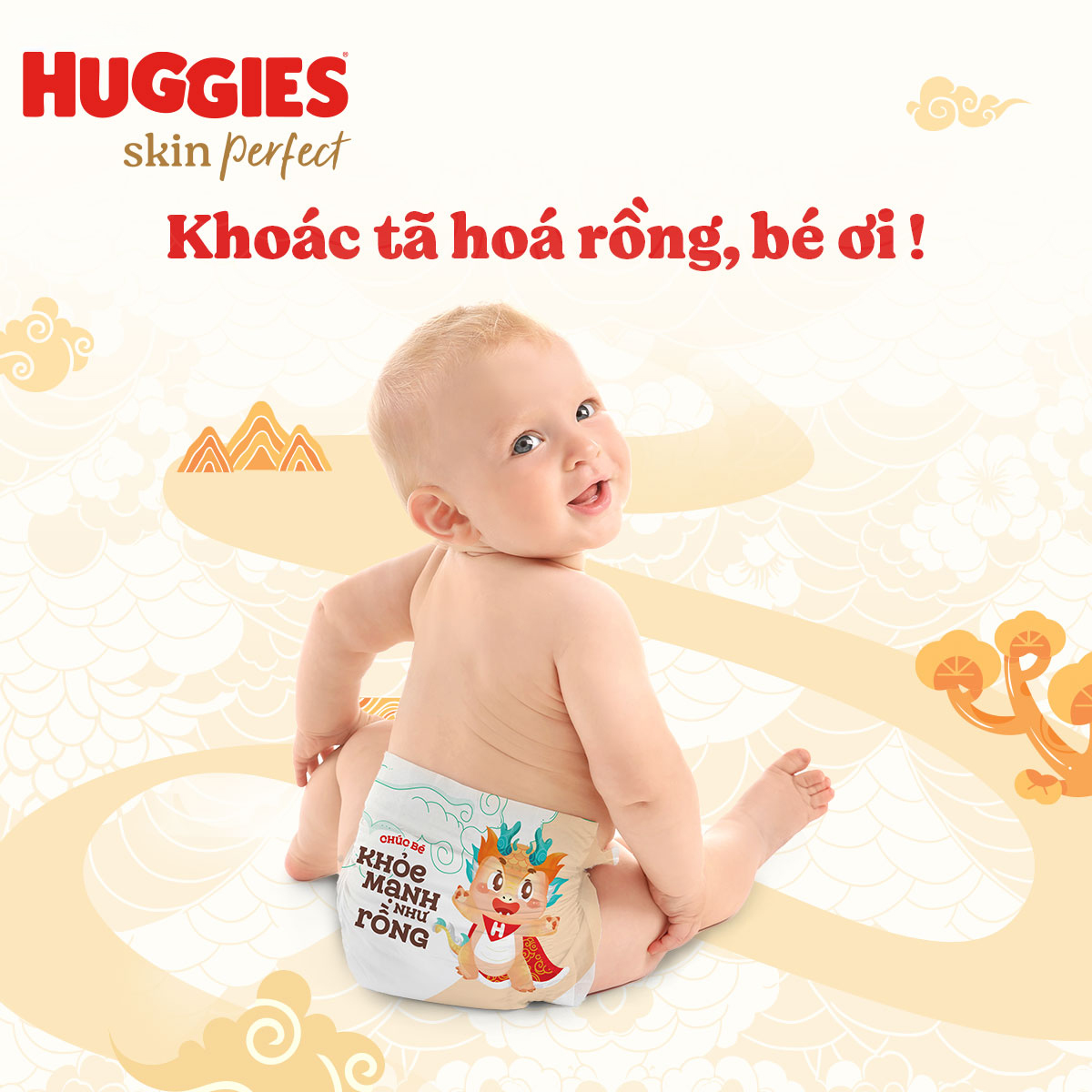 Tã quần Huggies Skin Perfect phiên bản Rồng giới hạn Super Jumbo L60+6 miếng với 2 vùng thấm giảm kích ứng da