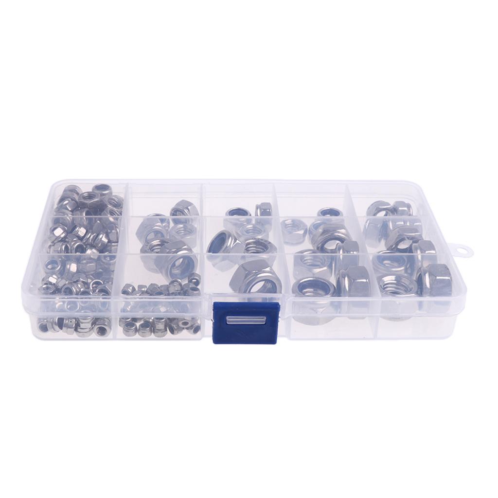 Assorted 304 Steel Nylon Lock Nuts Assortment Kit -M3 M4 M5 M6 M8 M10 M12