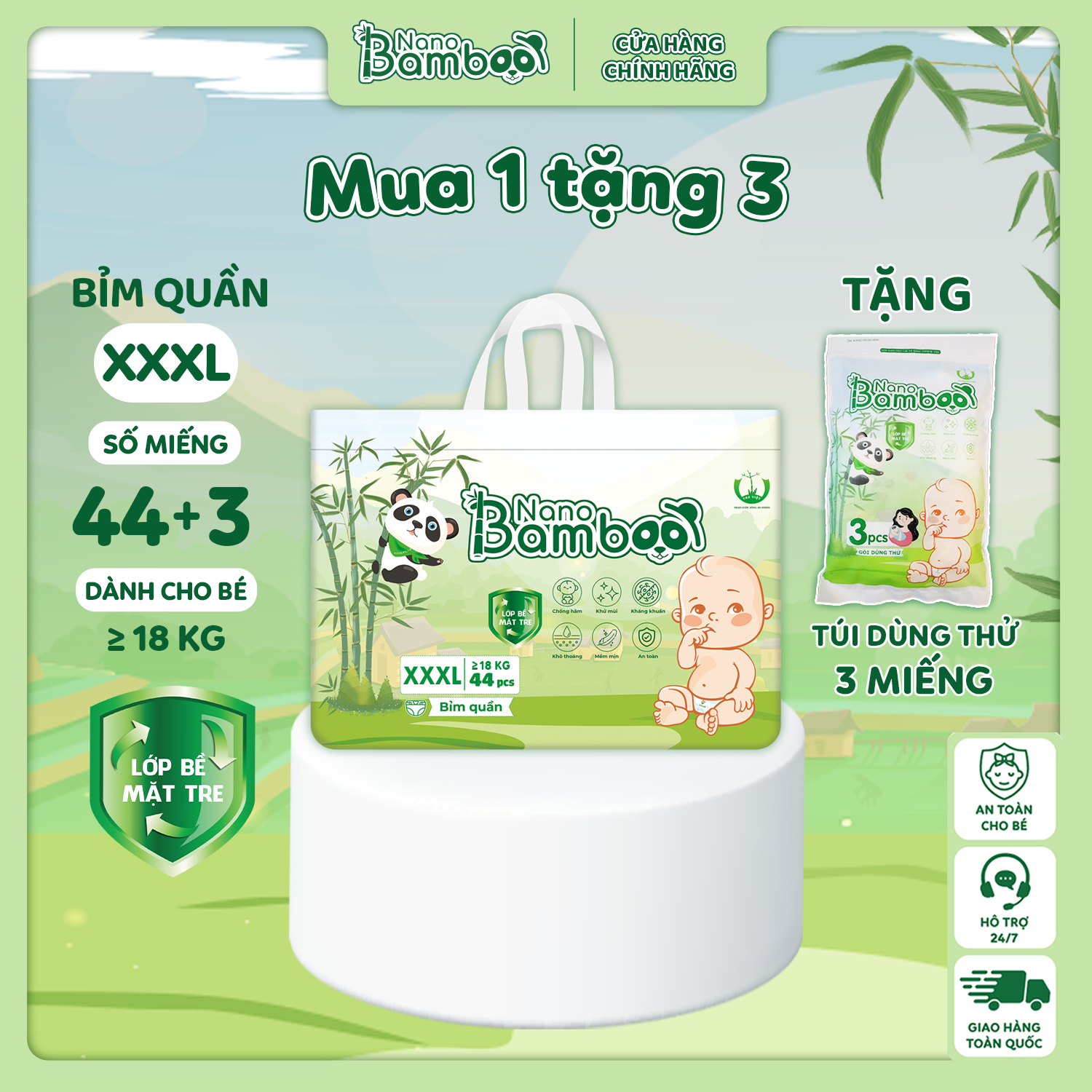 [Chính Hãng][Ảnh Thật] Tã/Bỉm Quần Nano Bamboo sợi tre thiên nhiên size XXXL (&gt;18  kg) 44(+3) miềng