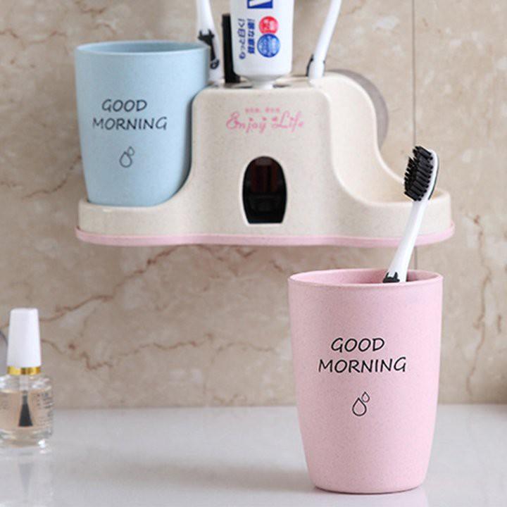 Khay nhả kem dán tường kèm 2 cốc xinh xắn, Bộ Nhả Kem Đánh Răng Tự Động, Kệ Để Đồ Phòng Tắm Cao Cấp