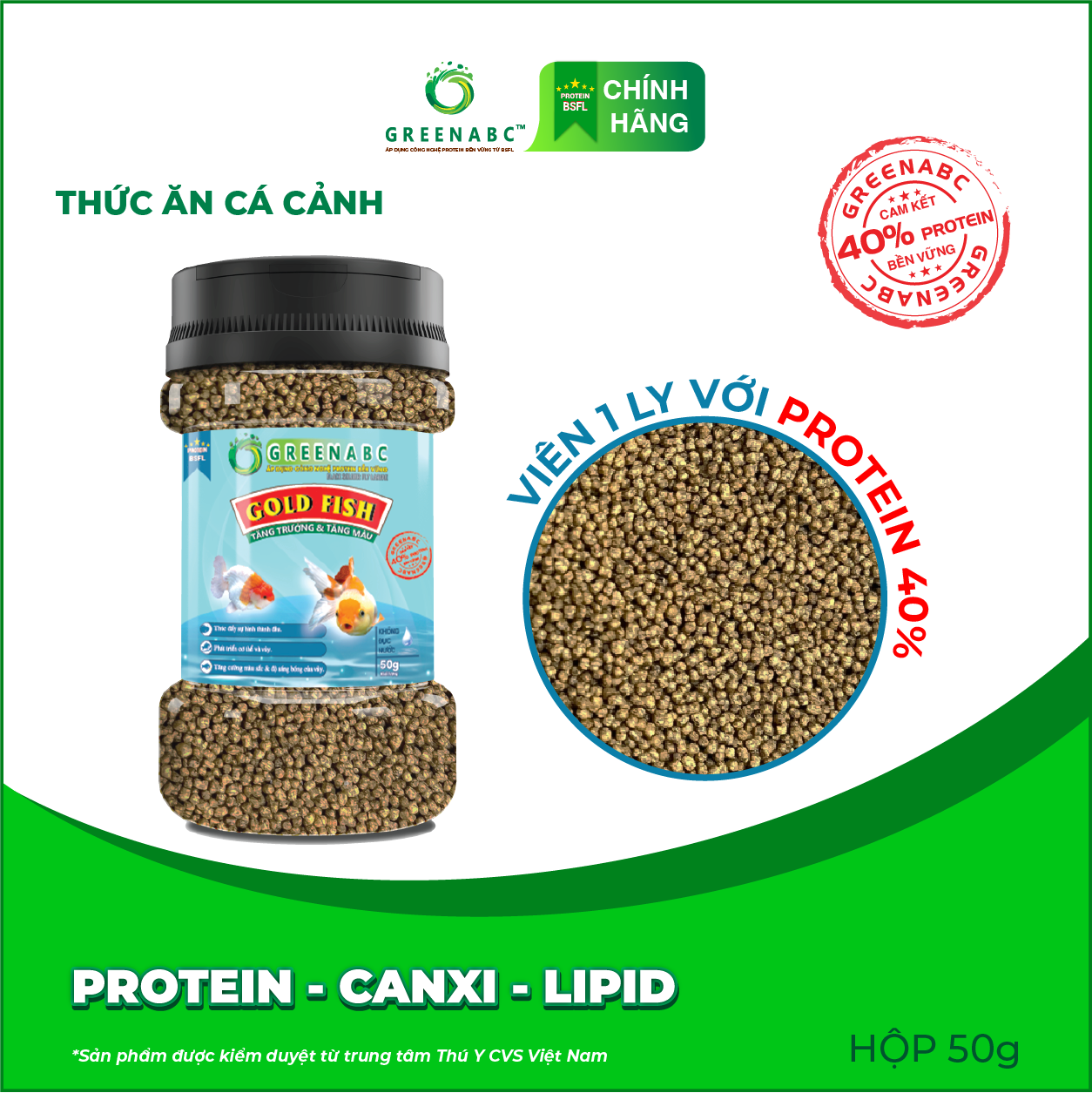 Thức ăn GoldFish GREENABC – Cá 3 đuôi – Cá vàng– Hàm lượng protein 40% giúp thúc đẩy hình thành đầu, lên màu đẹp, dáng đẹp – Hộp 50g