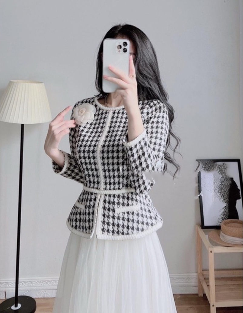 Áo dạ tweed trắng đen peplum công sở hàn quốc sang chảnh tay dài zíc zắc cao cấp