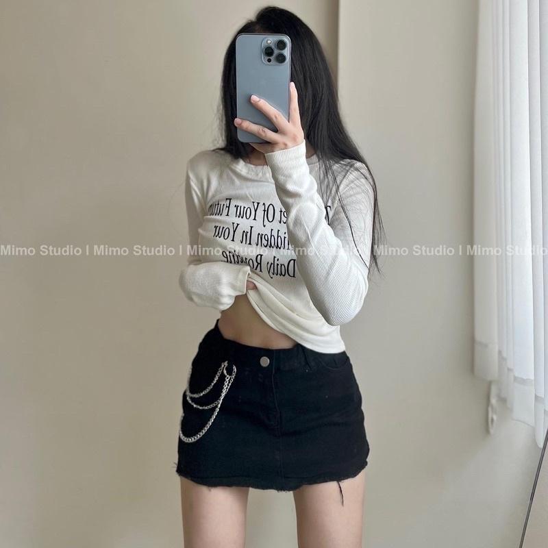 Thun dài tay chữ in đơn giản - Váy jean đen kèm chain