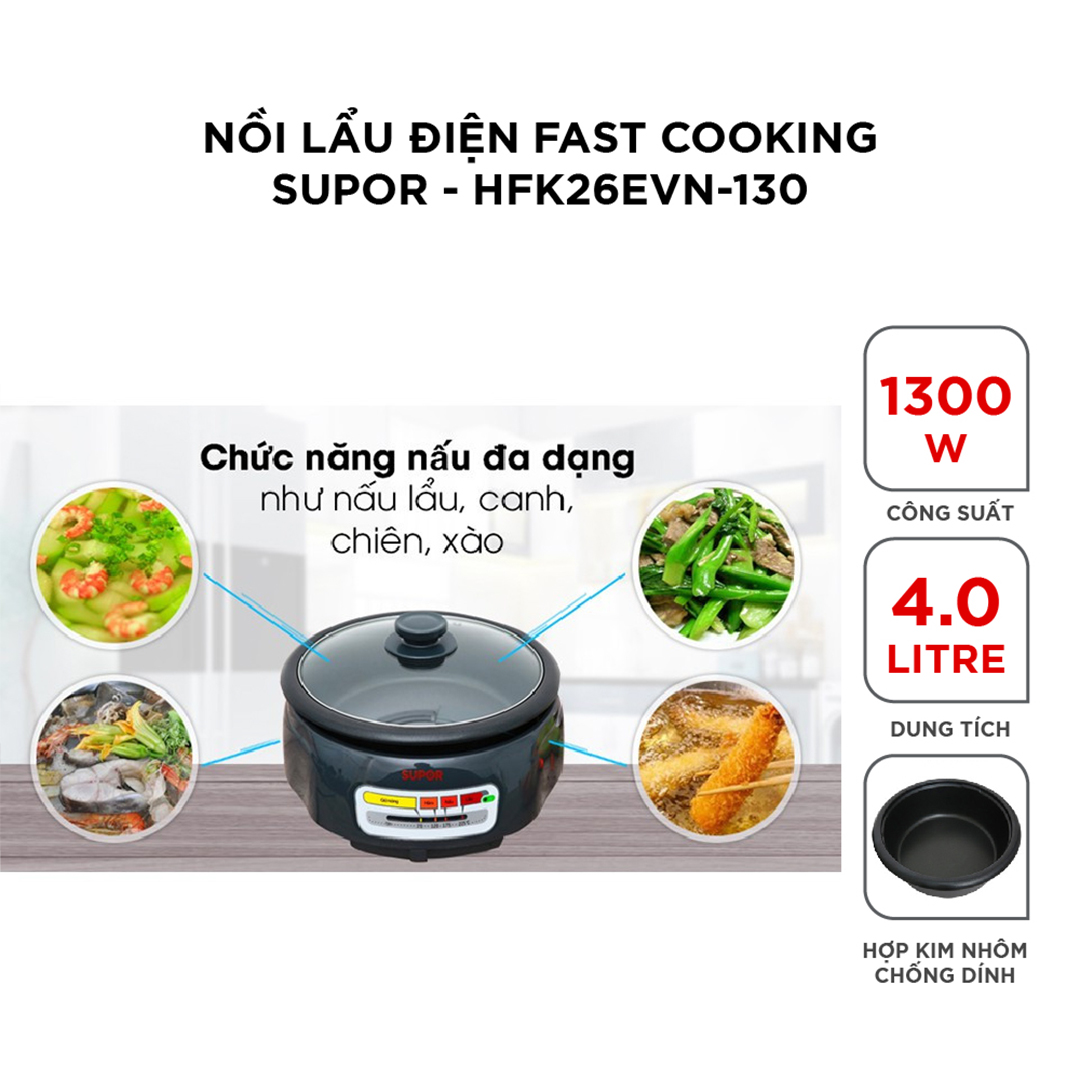 (HÀNG CHÍNH HÃNG) Nồi lẩu điện Fast Cooking Supor HFK26EVN-130 - 4L, 1300W