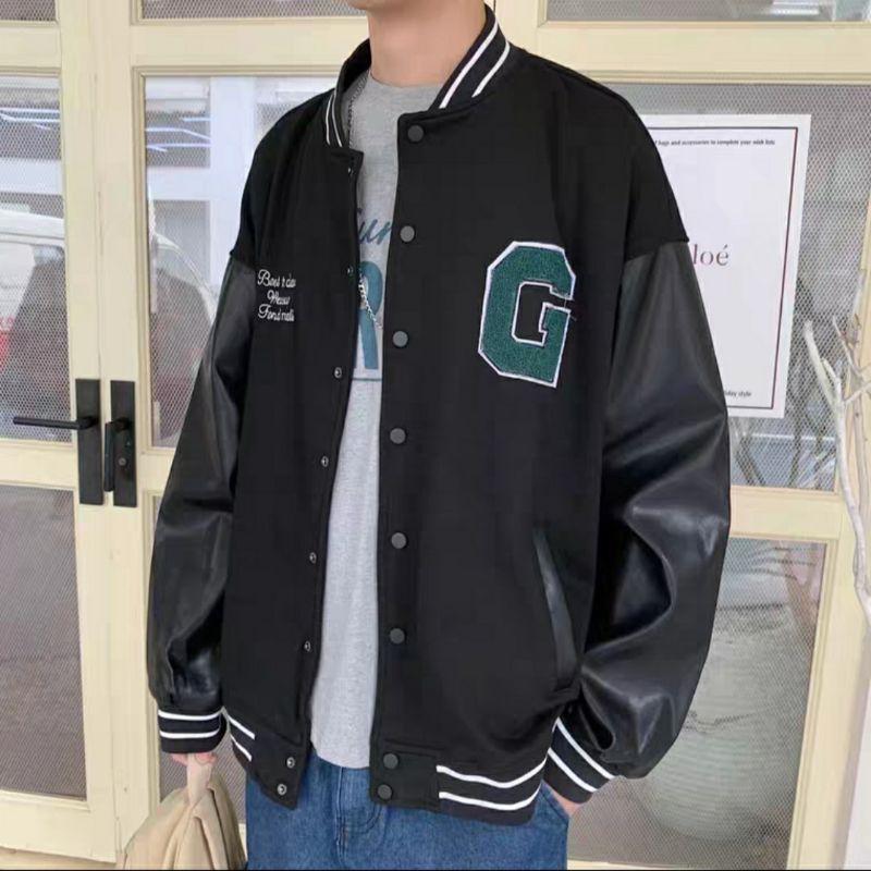 Áo Khoác Bomber Chữ G Áo Nỉ Tay Da Chữ Thêu Nam Nữ